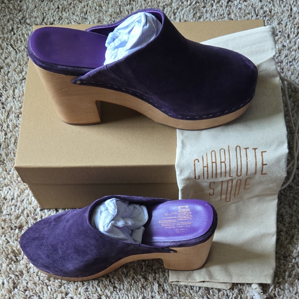 Charlotte Stone Purple Mules with Wooden Sole